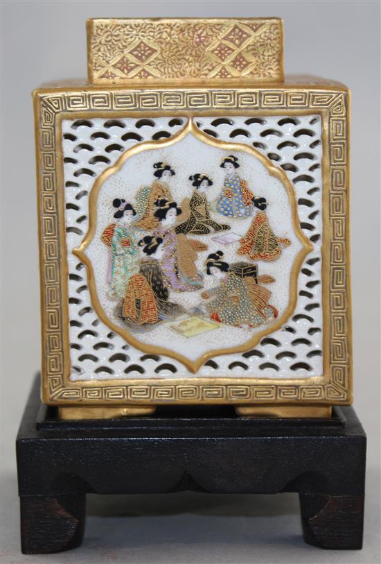 A Japanese Satsuma pottery cube-shaped koro and cover, Meiji period, signed Fujisan, width 6.5cm